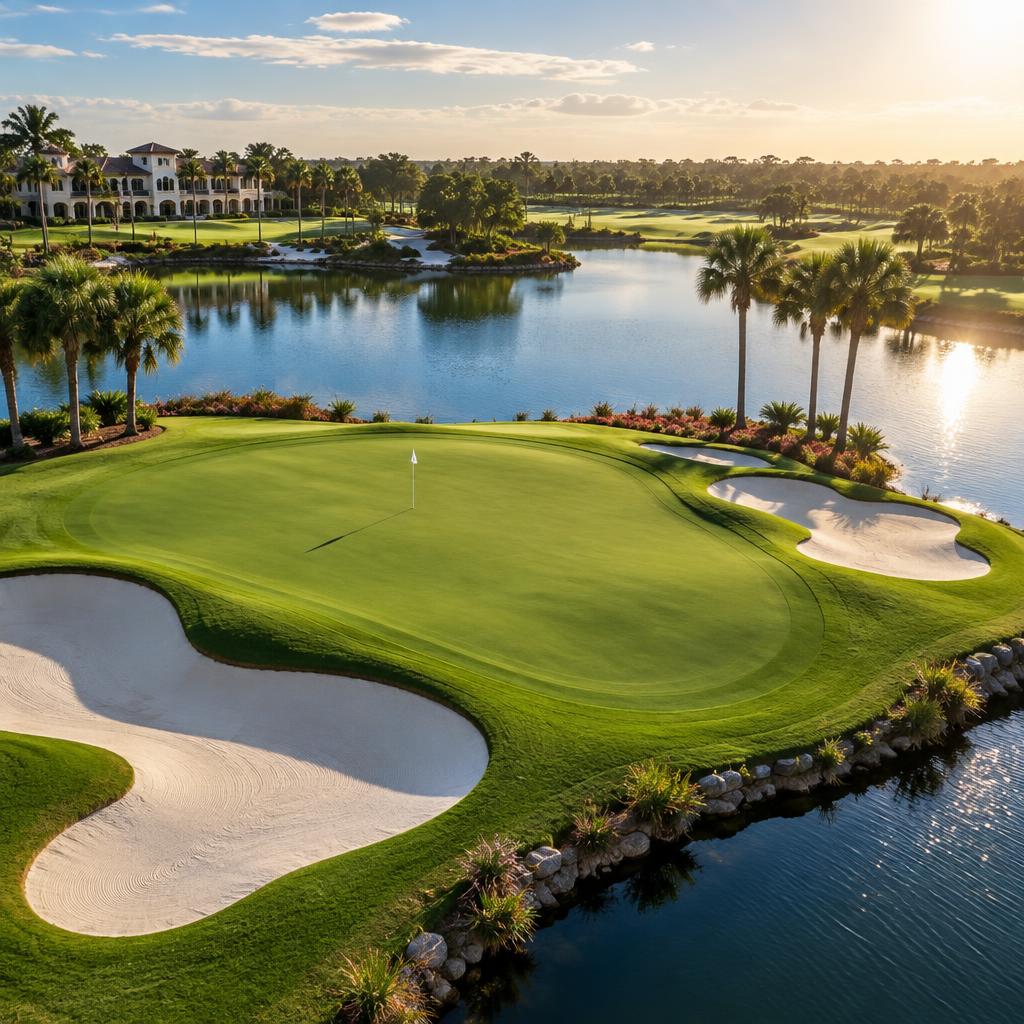 Palm lined fairway at golden hour